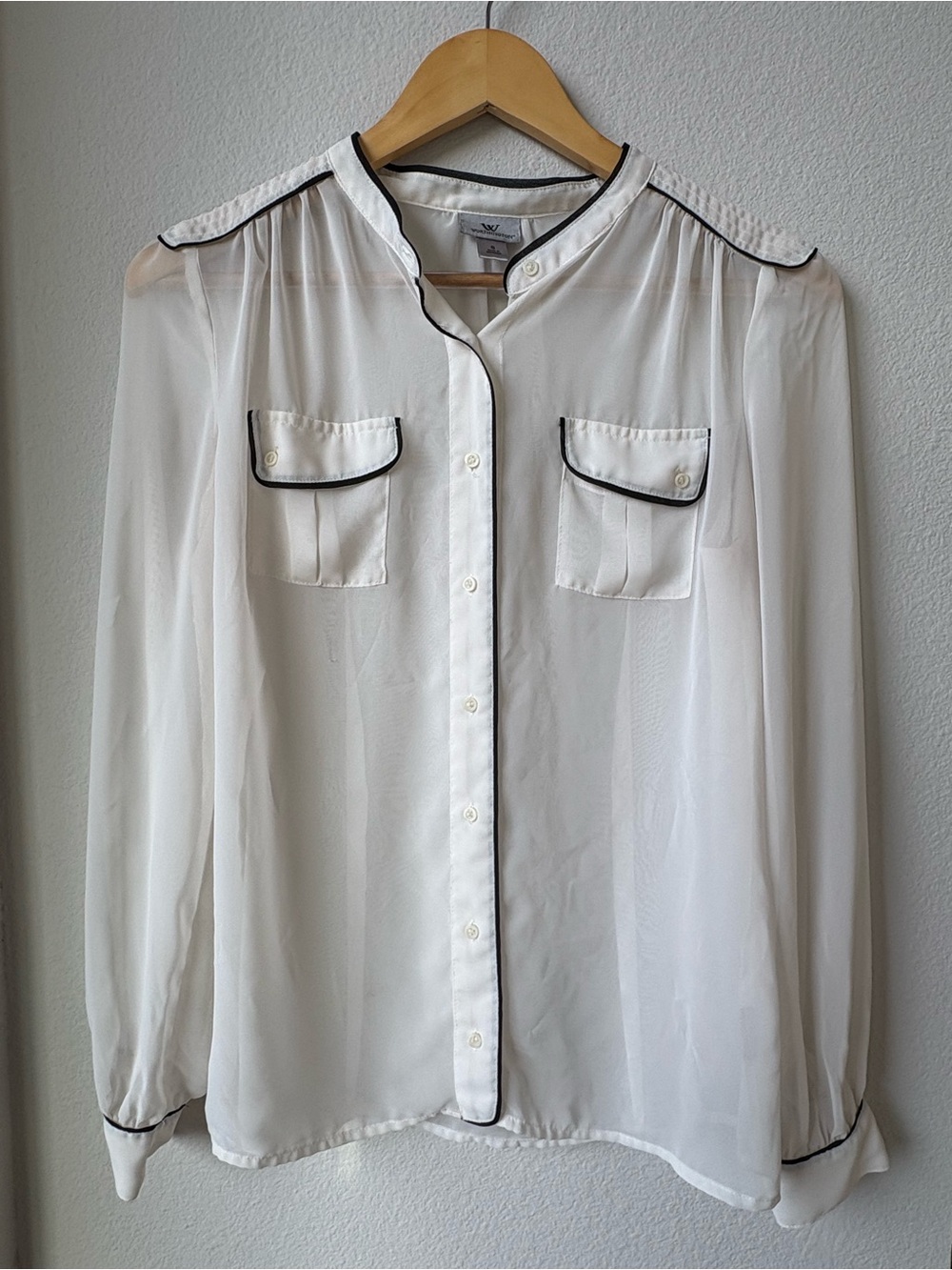 Worthington White Sheer Button-Front Blouse with Black Piping